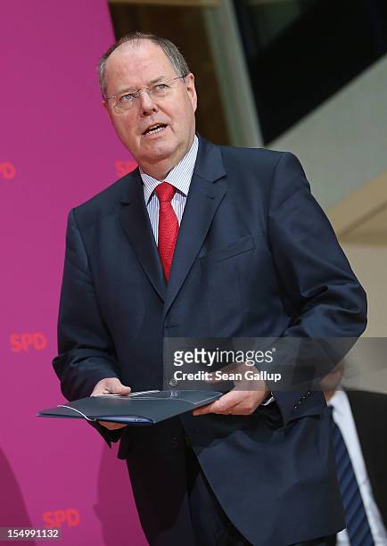 German Social Democrat and candidate for Chancellor Peer Steinbrueck arrives to speak to the media to announce a full disclosure of his supplementary...
