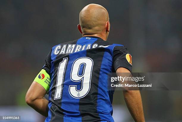 Esteban Cambiasso captain of FC Internazionale Milano wears a 'Unite against Racism' arm band to highlight UEFA's FARE Action Week campaign during...