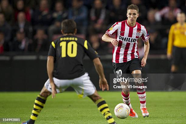 Celso Borges of AIK Solna, Peter van Ooijen of PSV during the Europa League match between PSV Eindhoven and AIK Solna at the Philips Stadium on...