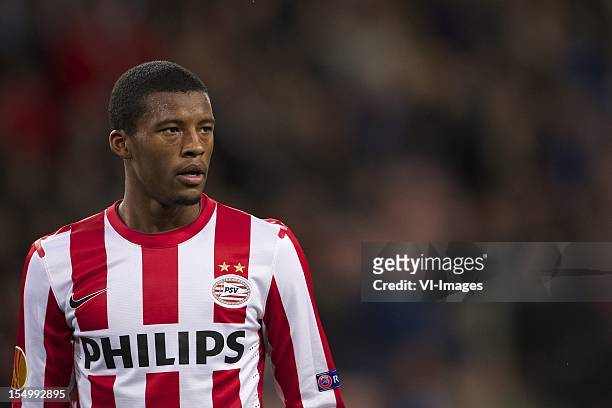 Georginio Wijnaldum of PSV during the Europa League match between PSV Eindhoven and AIK Solna at the Philips Stadium on October 25, 2012 in...