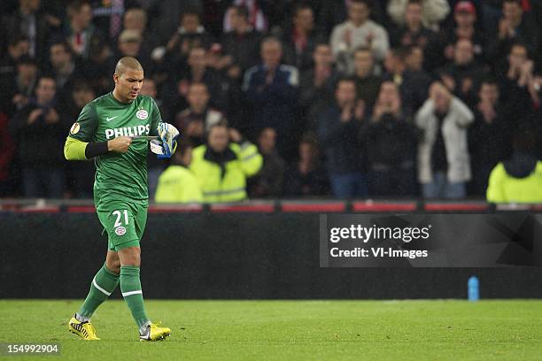 Goalkeeper Boy Waterman of PSV during the Europa League match between PSV Eindhoven and AIK Solna at the Philips Stadium on October 25, 2012 in...