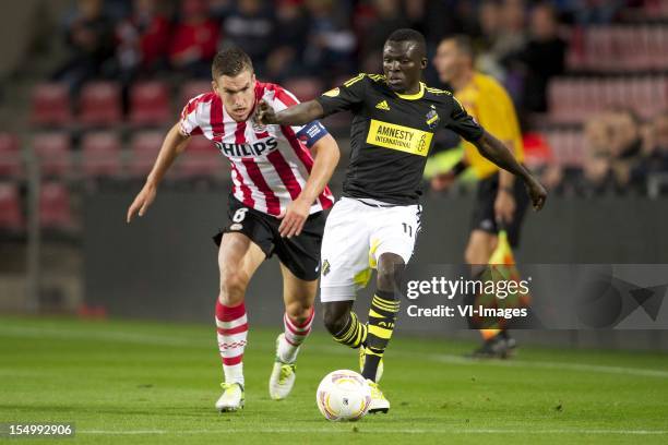 Kevin Strootman of PSV, Atakora Lalawele of AIK Solna during the Europa League match between PSV Eindhoven and AIK Solna at the Philips Stadium on...