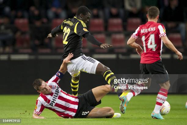 Kevin Strootman of PSV, Kwame Karikari of AIK Solna, Dries Mertens of PSV during the Europa League match between PSV Eindhoven and AIK Solna at the...