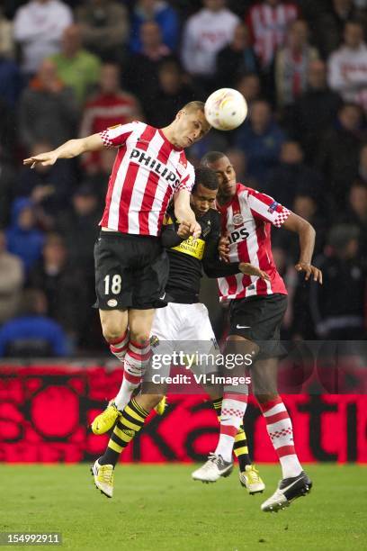 Timothy Derijck of PSV, Robin Quaison of AIK Solna, Marcelo of PSV during the Europa League match between PSV Eindhoven and AIK Solna at the Philips...