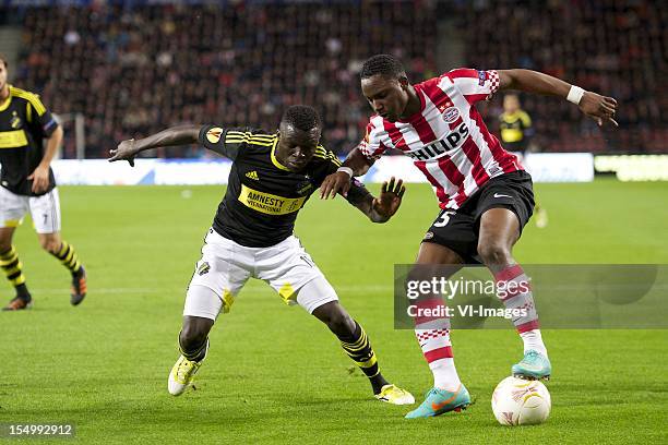 Atakora Lalawele of AIK Solna, Jetro Willems of PSV during the Europa League match between PSV Eindhoven and AIK Solna at the Philips Stadium on...