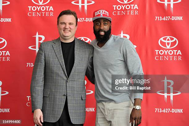 General Manager Daryl Morey and James Harden of the Houston Rockets poses for a photo as Harden is introduced to the media on October 29, 2012 at...