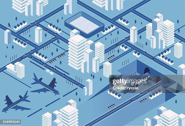 blue transport city - isometric town stock illustrations