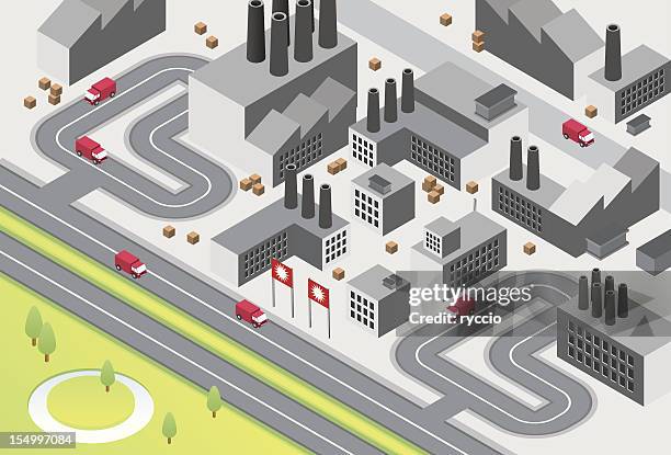 factory complex with road and truck - aerial view business stock illustrations