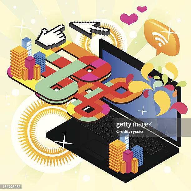 abstract graphics coming out from a laptop - floating laptop stock illustrations