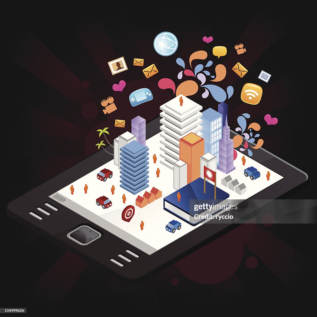 Isometric city on ebook reader