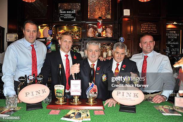 Martin Bayfield, Lewis Moody, Warren Gatland, Andy Lrvine and Phil Vickery attend the Thomas Pink Presents The Pink Lion launch event on October 30,...