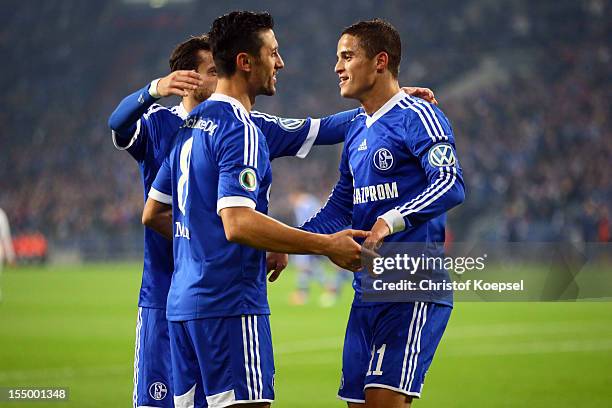 Ibrahim Affelay of Schalke celebrates the first goal with Ciprian Marica of Schalke during the DFB Cup second round match between FC Schalke 04 and...