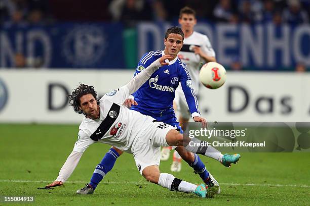 Ibrahim Affelay of Schalke challenges David Ulm of Sandhausen during the DFB Cup second round match between FC Schalke 04 and SV Sandhausen at...