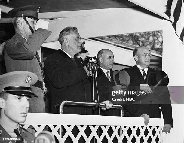 Pictured: Brigadier General William P. Bowden, President Franklin D. Roosevelt, Kentucky representative Andrew J. May, Assistant Secretary of War...