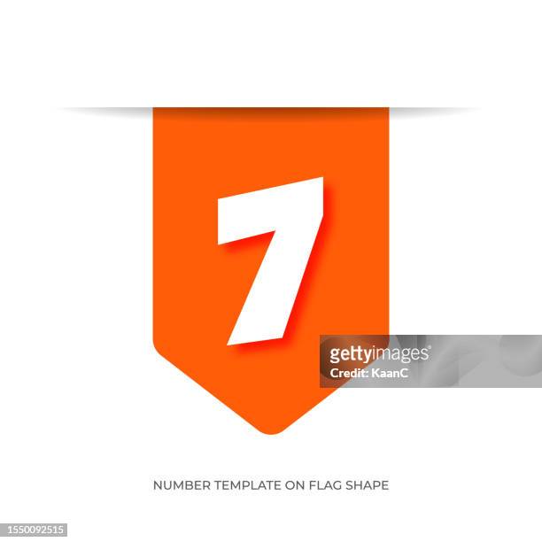 abstract number 7 template on flag shape. anniversary number template isolated, anniversary icon label, anniversary symbol vector stock illustration - number 7 stock illustrations