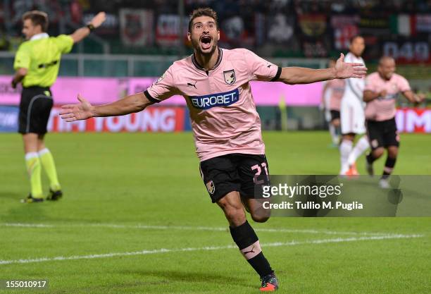 Franco Brienza of Palermo celebrates after scoring his team's second goal during the Serie A match between US Citta di Palermo and AC Milan at Stadio...