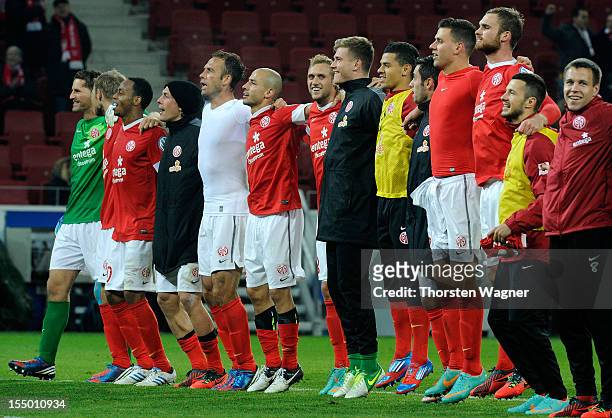 Players of Mainz celebrates after winning the DFB Cup second round match between FSV Mainz 05 and FC Erzgebirge Aue at Coface Arena on October 30,...