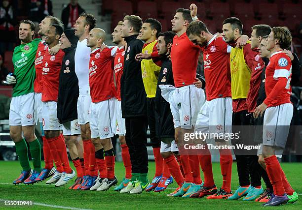 Players of Mainz celebrates after winning the DFB Cup second round match between FSV Mainz 05 and FC Erzgebirge Aue at Coface Arena on October 30,...