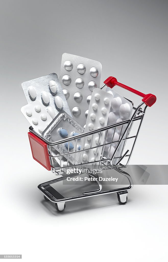 Pills in a supermarket shopping trolley