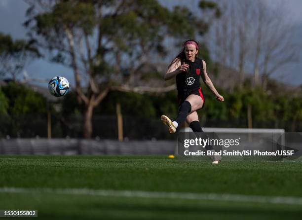 Rose Lavelle of the United States takes a shot during a USWNT training session at Bay City Park on July 17, 2023 in Auckland, New Zealand.