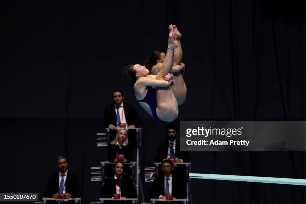 Yasmin Harper and Scarlett Mew Jensen of Team Great Britain compete in the Women's Synchronized 3m Springboard Final on day four of the Fukuoka 2023...