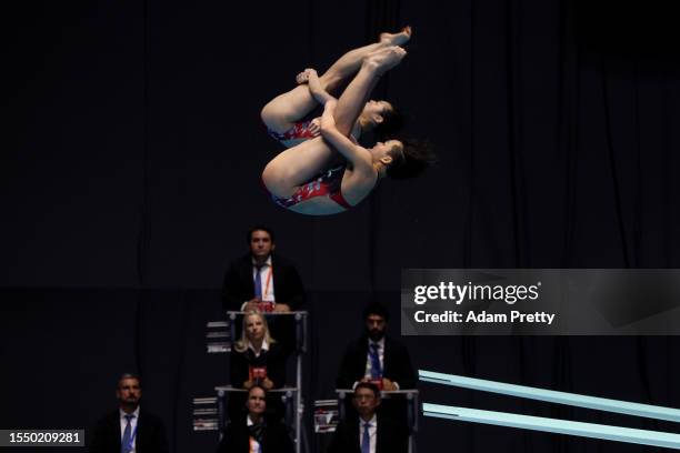 Yani Chang and Yiwen Chen of Team China compete in the Women's Synchronized 3m Springboard Final on day four of the Fukuoka 2023 World Aquatics...