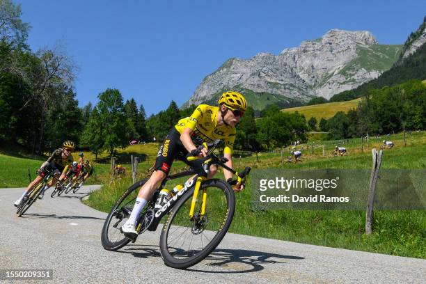 Jonas Vingegaard of Denmark and Team Jumbo-Visma - Yellow Leader Jersey competes climbing down the Col de la Forclaz de Montmin during the stage...
