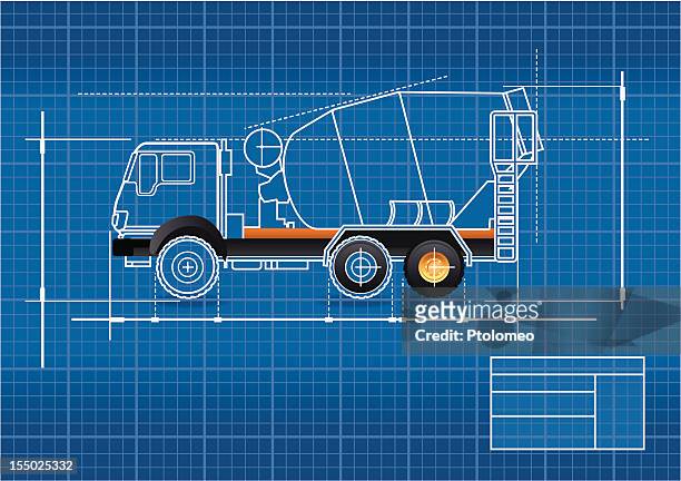 blueprint,cement mixer - cement mixer truck stock illustrations