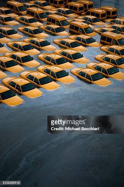 Taxis sit in a flooded lot after Hurricane Sandy October 30, 2012 in Hoboken, New Jersey.?The storm has claimed at least 40 lives in the United...