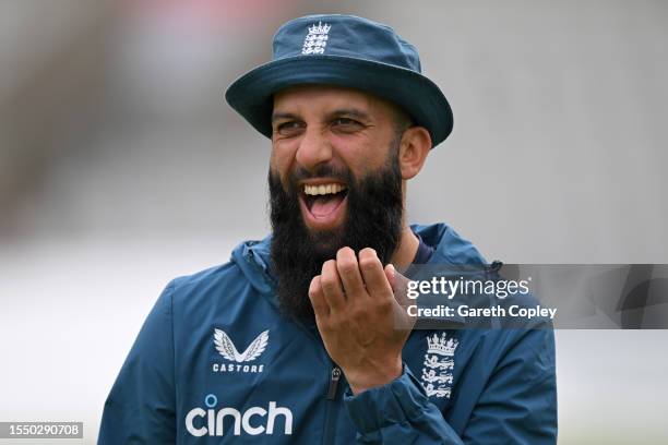 Moeen Ali of England during a nets session at Emirates Old Trafford on July 17, 2023 in Manchester, England.