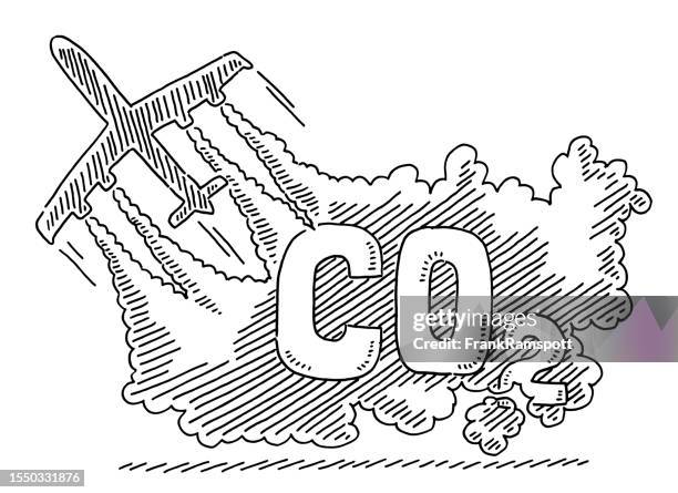 air traffic carbon emissions problem drawing - aerospace industry stock illustrations