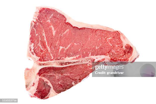 t-bone, raw, isoliert auf weiss - fleischstück stock-fotos und bilder