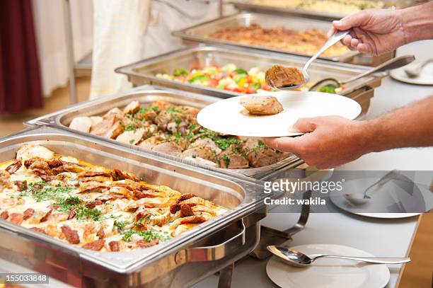 buffet with creamed and side dishes - finger food stockfoto's en -beelden