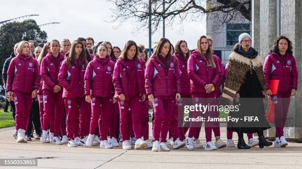 Diane Kawana leads the Spain team to the Palmerston North Powhri during a welcome ceremony on July 17 in Palmerston North, New Zealand.