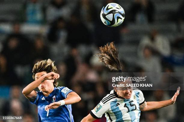 Argentina's midfielder Florencia Bonsegundo and Italy's forward Valentina Giacinti contest a header during the Australia and New Zealand 2023 Women's...