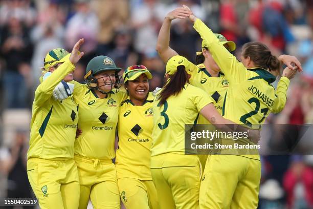 The Australia players celebrate their victory over England to retain the Women's Ashes during the Women's Ashes 2nd We Got Game ODI match between...