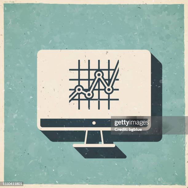 desktop computer with graph. icon in retro vintage style - old textured paper - tv screen texture stock illustrations