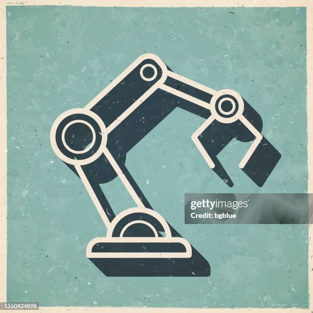 robotic arm. icon in retro vintage style - old textured paper - robotic process automation concept stock illustrations