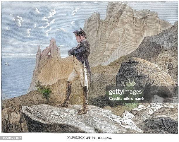 old engraved illustration of napoleon at island of st. helena - prison uniform stock pictures, royalty-free photos & images