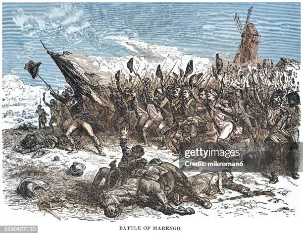old engraved illustration of the the battle of marengo, fought on 14 june 1800 between french forces under the first consul napoleon bonaparte and austrian forces near the city of alessandria, in piedmont, italy - battle of marengo (1800) stock pictures, royalty-free photos & images