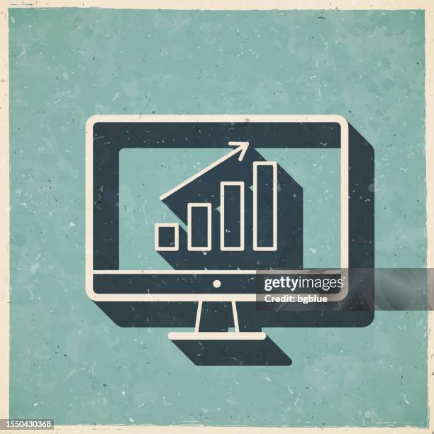 growing chart on desktop computer. icon in retro vintage style - old textured paper - desktop screen background stock illustrations