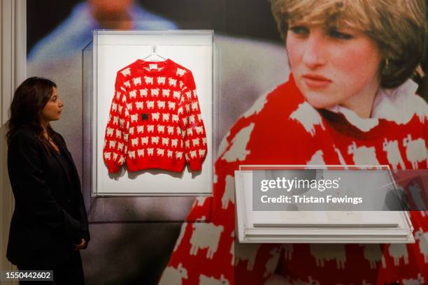 Princess Diana's historic, beloved black sheep jumper goes on view alongside Buckingham Palace letters at Sotheby's on July 17, 2023 in London,...