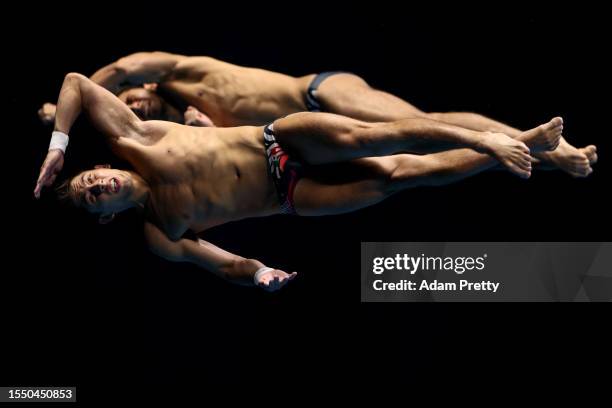 Kevin Berlin Reyes and Randal Willars Valdez of Team Mexico compete in the Men's Synchronized 10m Platform Final on day four of the Fukuoka 2023...