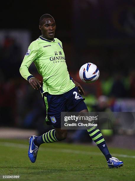 Christian Benteke of Aston Villa in action during the Capital One Cup Fourth Round match between Swindon Town and Aston Villa at the County Ground on...
