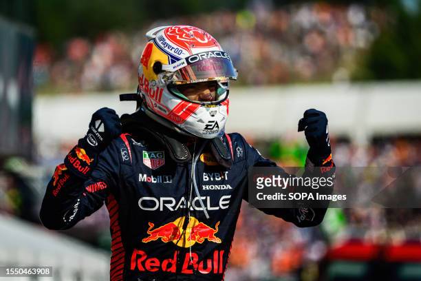 Oracle Red Bull Racing's Dutch driver Max Verstappen reacts after winning the Hungarian F1 Grand Prix race at the Hungaroring, near Budapest.