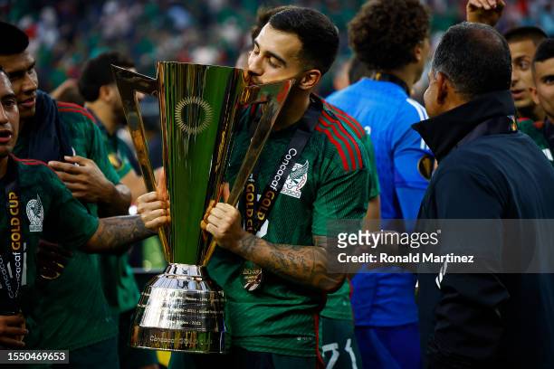 Carlos Rodriguez of Mexico with the Concacaf Gold Cup trophy after the final match between Mexico and Panama at SoFi Stadium on July 16, 2023 in...