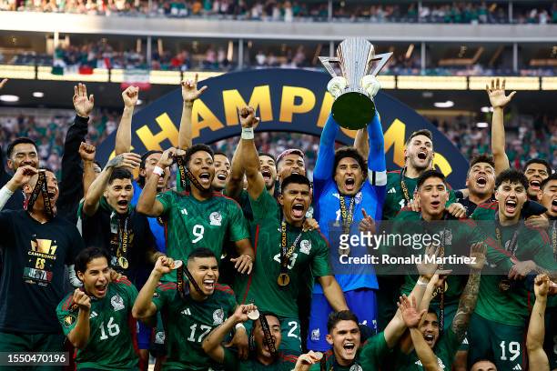 Guillermo Ochoa of Mexico celebrates after defeating Panama 1-0 in the Concacaf Gold Cup final match at SoFi Stadium on July 16, 2023 in Inglewood,...