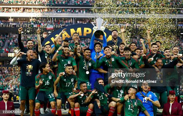 Guillermo Ochoa of Mexico celebrates after defeating Panama 1-0 in the Concacaf Gold Cup final match at SoFi Stadium on July 16, 2023 in Inglewood,...