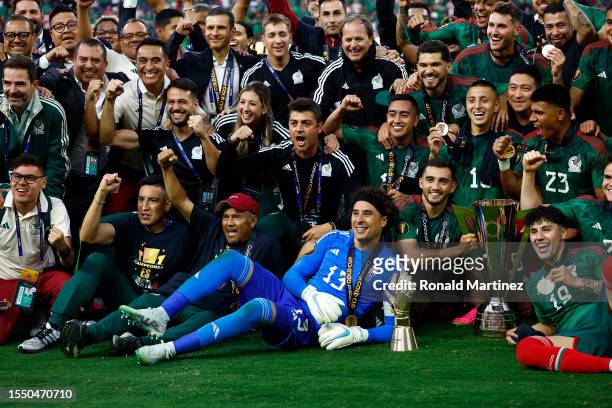 Guillermo Ochoa of Mexico celebrates after defeating Panama 1-0 in the Concacaf Gold Cup final match at SoFi Stadium on July 16, 2023 in Inglewood,...