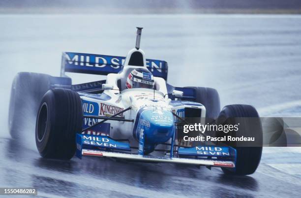 Gerhard Berger from Austria drives the Mild Seven Benetton Renault Benetton B196 Renault V10 in the rain during the Formula One Spanish Grand Prix on...